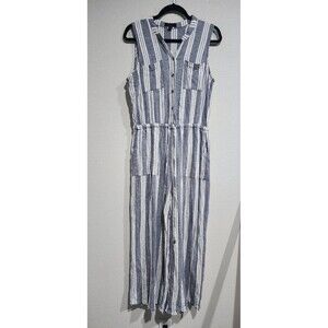 Kelly Renee Jumpsuit Women M Linen Gray Stripe Wide Leg Resort Beach Boho Fun